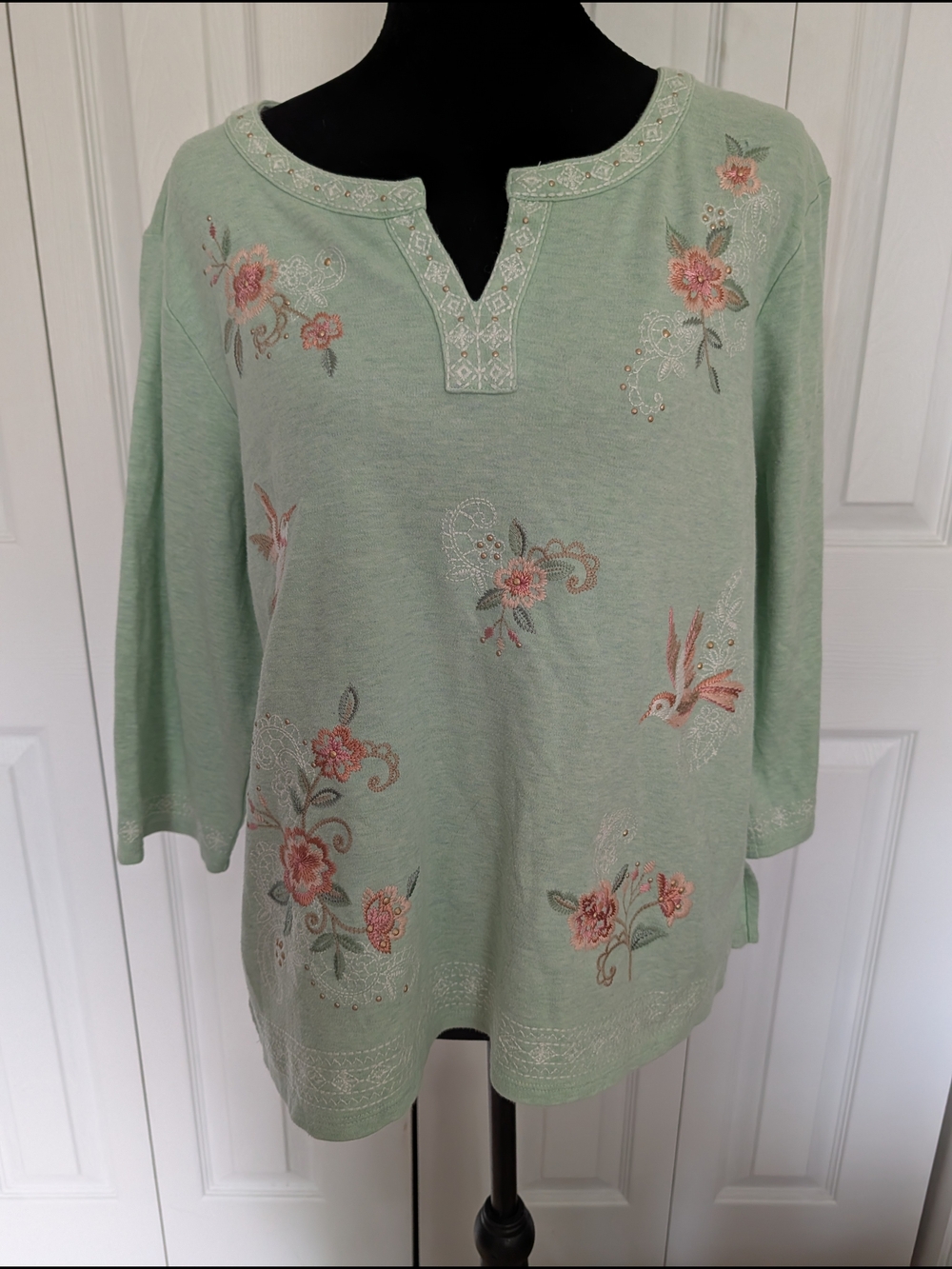 Women's Mint Green Embroidered Split-Neck Top